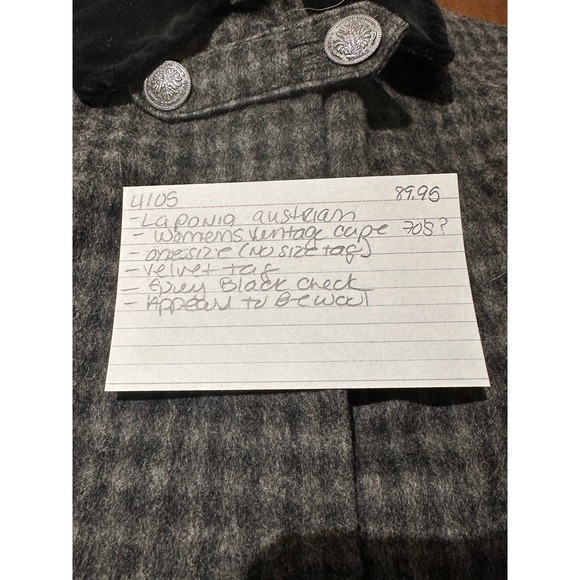 VTG Laponia Austrian Cape OS Black Gray Houndstooth Velvet Collar Double Button - Picture 8 of 8